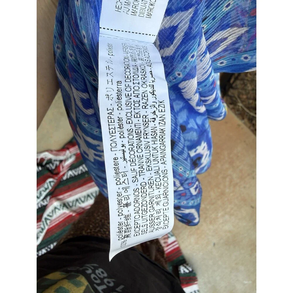 Zara Printed Swing Halter Tribal Print Blue Women’s Beaded Trim Sz S Roomy - Picture 8 of 8